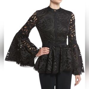 Alexis Jolene Lace Peplum Top Black Sheer Exaggerated Sleeve Blouse Size M